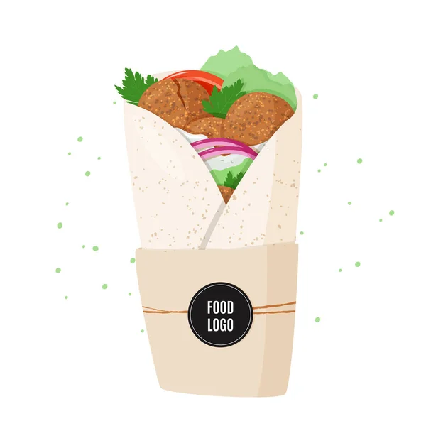 Traditional dish of Jewish cuisine Falafel pita roll. Vegetarian food, vegetable wrap with black sample logo sticker. Isolated on white background.