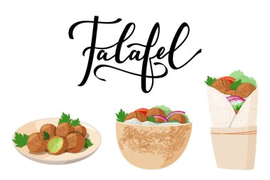 Geleneksel yahudi yemeği Falafel. Pita sandviç, falafel tabakta ve sarın, rulo. Tahini makarnalı vejetaryen yemeği..