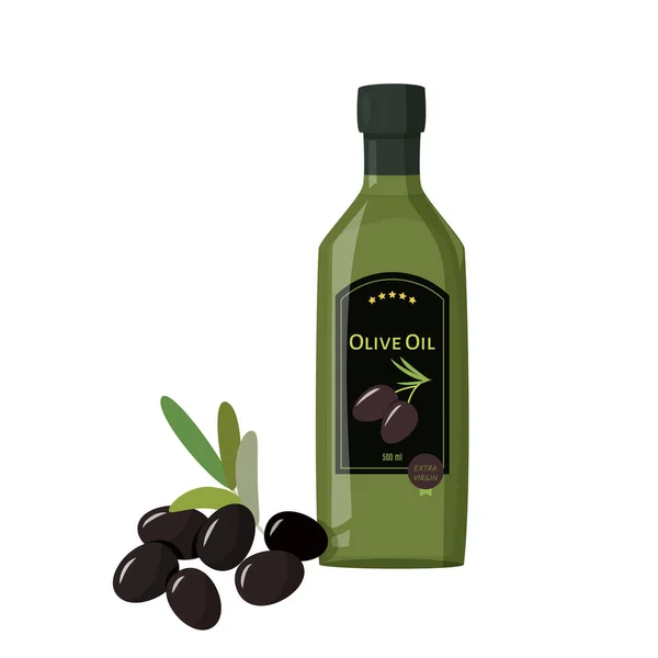 Green glass bottle of olive oil with black olives. Simple kitchen illustration isolated on white background. — Stock Vector