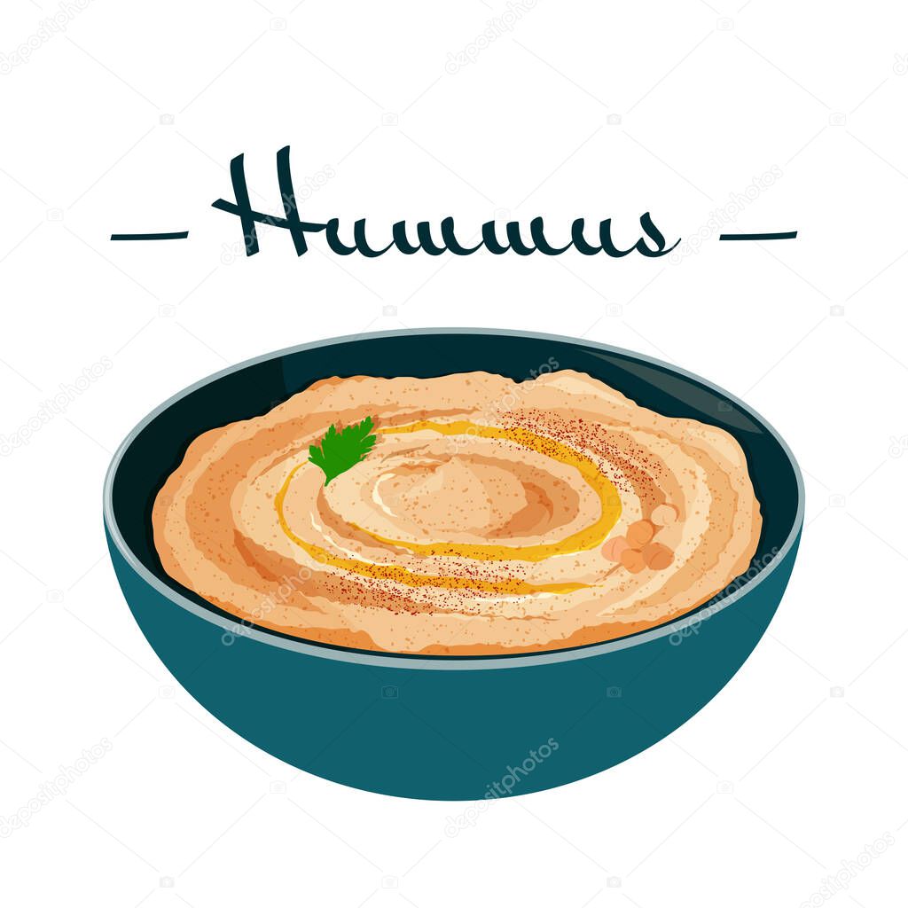 Illustration of vegetarian vegan meal. Jewish traditional cuisine. Hummus traditional arabic food from chickpea.