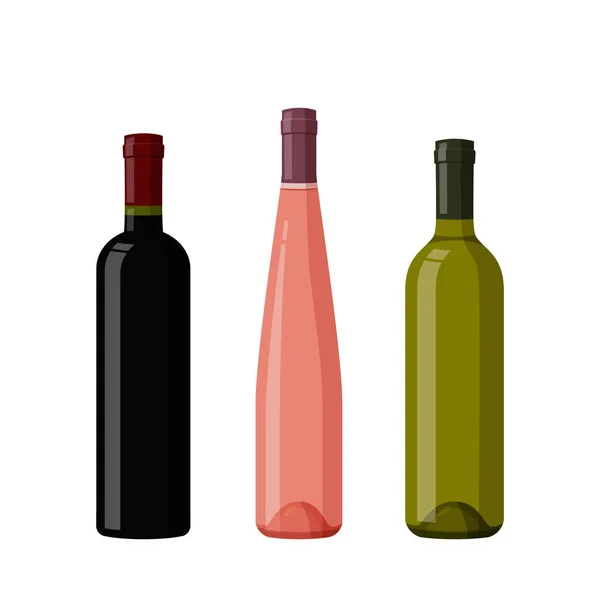 Coloridas botellas de vino de vidrio. Ilustración vectorial realista. Vino tinto, blanco y rosado . — Vector de stock