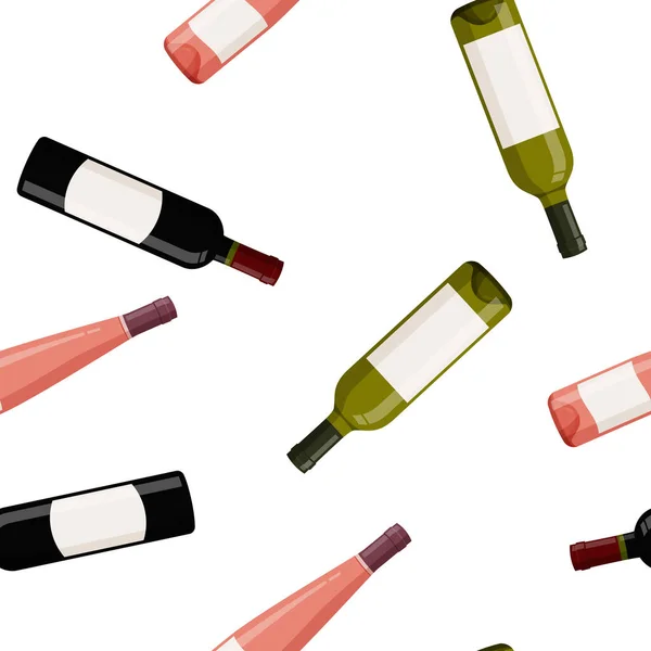 Coloridas botellas de vino de vidrio con etiquetas en blanco de fondo. Patrón sin costura . — Vector de stock
