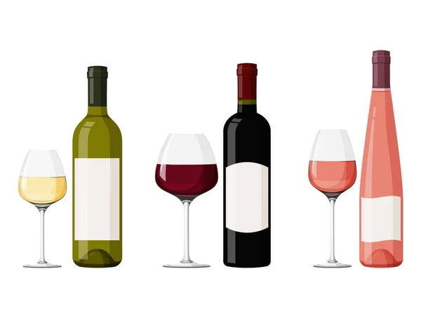 Ilustración Vectorial Realista Vino Tinto Blanco Rosa Coloridas Botellas Vino — Vector de stock