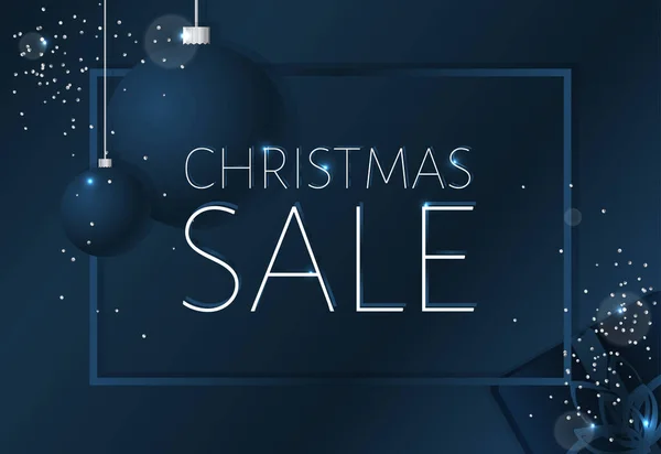 Eleganter Hintergrund für den Weihnachtsverkauf mit silbrig glänzenden Schneeflocken. Dunkelblaue Vektorvorlage für Shopping-Poster. — Stockvektor
