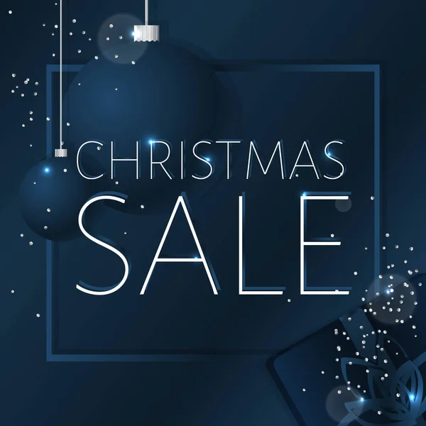 Elegante fondo de venta de Navidad con brillantes copos de nieve de plata. Plantilla vector azul oscuro para carteles de compras. — Vector de stock
