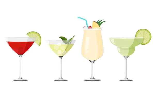 Cocktails cosmopolites, Pina Colada, Daiquiri et Margarita. Collecte de boissons alcoolisées. — Image vectorielle