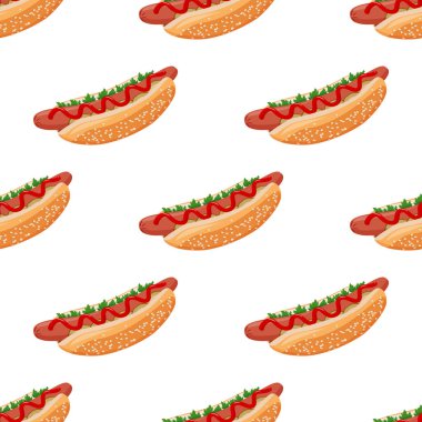 Sosisli sandviç pürüzsüz desen. Fast food renkli vektör arkaplanı.