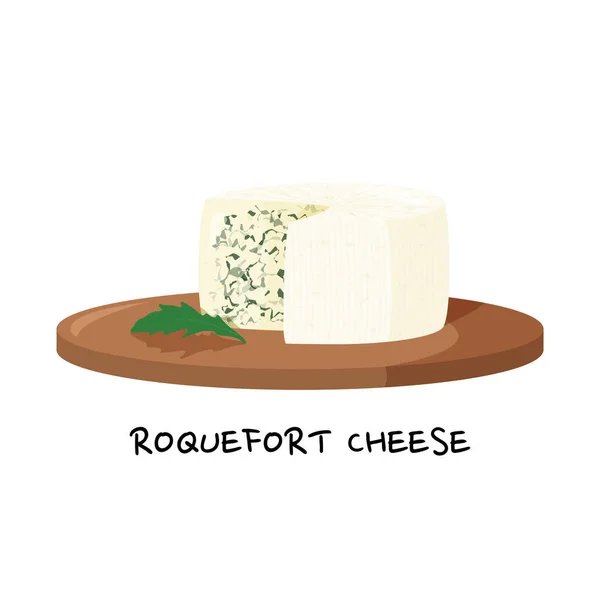 Fromage bleu isolé sur fond blanc. Fromage roquefort sur un plateau en bois illustration vectorielle. — Image vectorielle