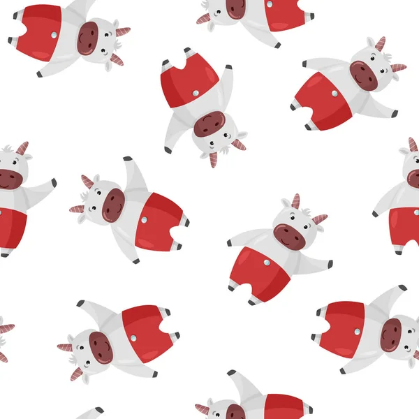 かわいい漫画牛クリスマス文字の背景。牛の粉の新年のデザインとシームレスなパターン. — ストックベクタ