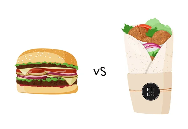 Burger e falafel ilustração vetorial colorido. Hambúrguer de carne vs rolo vegetariano. — Vetor de Stock