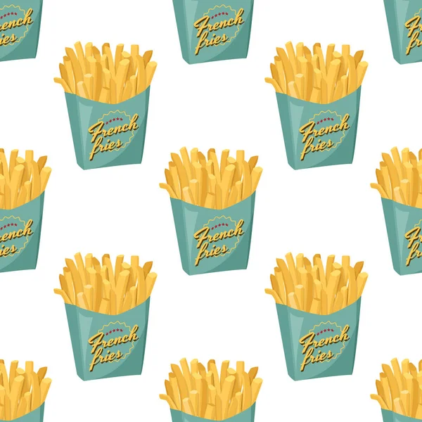 Franse frietjes in groene papieren doos achtergrond. Fastfood vector naadloos patroon. — Stockvector