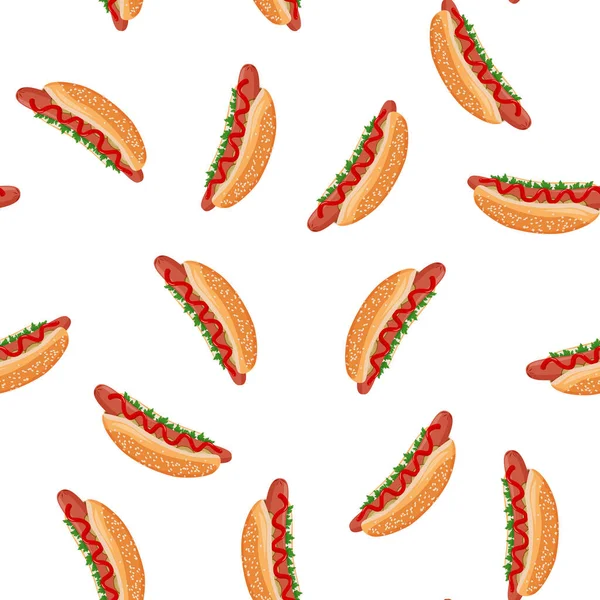 Hot dog seamless pattern. Fastfood colorful vector background. — Stock Vector