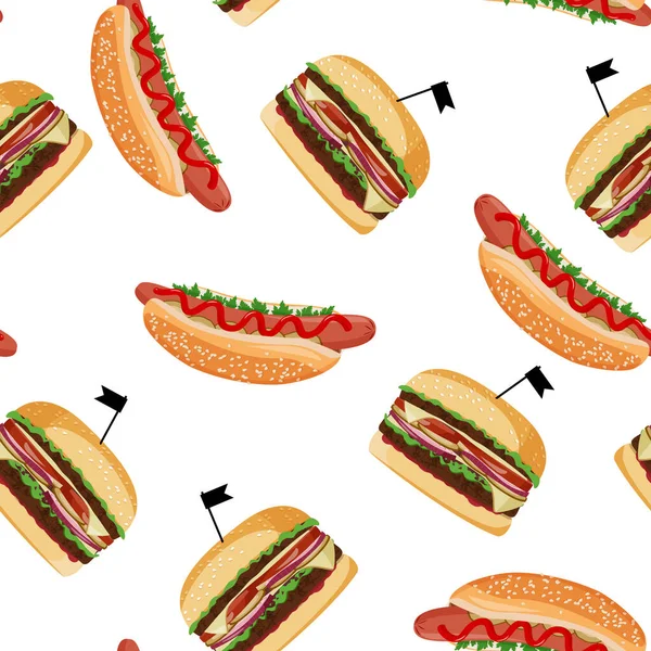 Hotdog en hamburger naadloos patroon. Fastfood kleurrijke vector achtergrond. — Stockvector