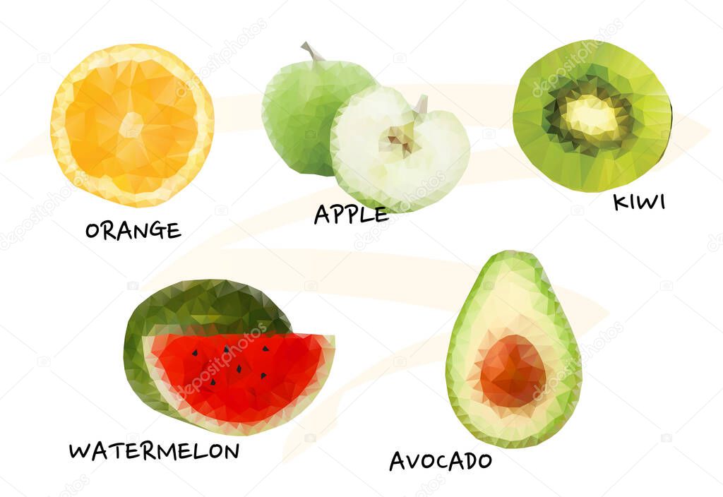 Polygonal fruits vector collection. Geometric style colorful set.