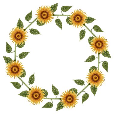 El yapımı suluboya çelenk ayçiçekleri ve yeşil yapraklardan yapılmış. Davetiyeler, mevsimlik tebrik kartları, düğün tasarımı ve kırsal dekorasyon için mükemmel..