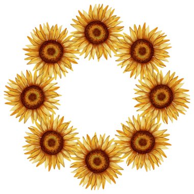 El yapımı suluboya çelenk ayçiçekleri ve yeşil yapraklardan yapılmış. Davetiyeler, mevsimlik tebrik kartları, düğün tasarımı ve kırsal dekorasyon için mükemmel..