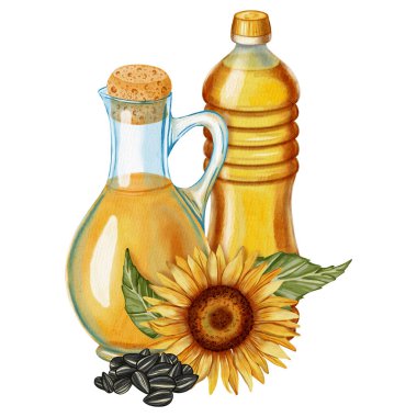 Plastik şişe, ayçiçeği yağı, ayçiçeği ve çekirdekli suluboya kompozisyonu. Gıda ambalajı, organik ürün tasarımı, ambalaj veya tarım projeleri için mükemmel.