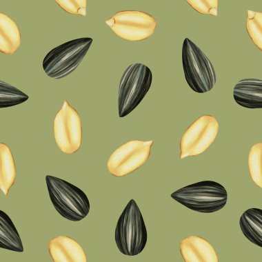Ayçiçeği tohumu ve tahıllı kusursuz suluboya deseni. Paketleme, tekstil, ambalaj kağıdı ve sağlıklı gıda tasarımı için ideal.