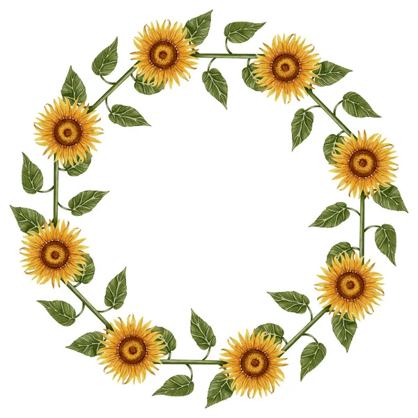 El yapımı suluboya çelenk ayçiçekleri ve yeşil yapraklardan yapılmış. Davetiyeler, mevsimlik tebrik kartları, düğün tasarımı ve kırsal dekorasyon için mükemmel..