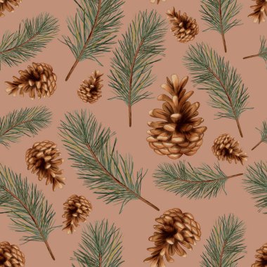 Sıcak kış temalı, çam dalları ve konileri olan dikişsiz desen. Suluboya. Sonbahar hala hayattır. Çocuk çizimi. Kitaplar, ambalajlar, kartlar ve çocuk kıyafetleri için uygun