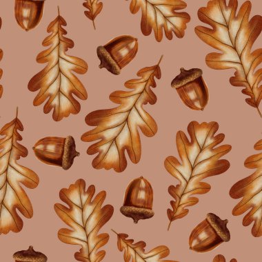 Elle çizilmiş suluboya meşe yaprakları ve meşe palamutlarıyla kusursuz bir sonbahar deseni. Sonbahar hala hayattır. Çocuk çizimi. Kitaplar, ambalajlar, kartpostallar ve çocuk kıyafetleri için uygundur.