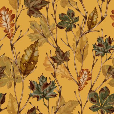 Elle boyanmış suluboya, dikişsiz ve dökülen yapraklar. Sonbahar hala hayattır. Çocuk çizimi. Kitaplar, ambalajlar, kartlar ve çocuk kıyafetleri için uygun