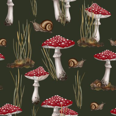 Kırmızı sineksi mantarlı, salyangozlu ve orman otlu kusursuz suluboya desenli. Sonbahar hala hayattır. Çocuk çizimi. Kitaplar, ambalajlar, kartlar ve çocuk kıyafetleri için uygun