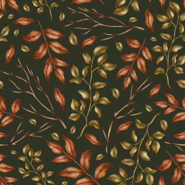 Elle boyanmış suluboya, dikişsiz ve dökülen yapraklar. Sonbahar hala hayattır. Çocuk çizimi. Kitaplar, ambalajlar, kartlar ve çocuk kıyafetleri için uygun