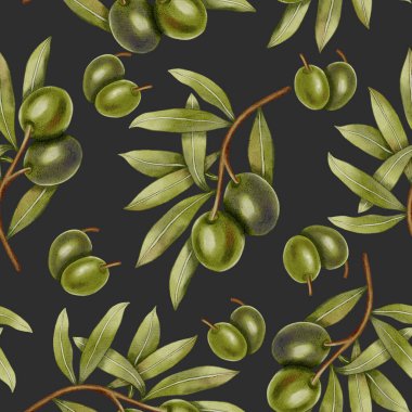 Elle boyanmış, dikişsiz, yeşil ve siyah zeytin dalları ve yapraklarıyla. Zeytin dalları, yapraklar ve meyveler. Menü, ambalaj tasarımı, düğün için