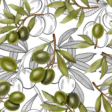 Elle boyanmış, dikişsiz, yeşil ve siyah zeytin dalları ve yapraklarıyla. Zeytin dalları, yapraklar ve meyveler. Menü, ambalaj tasarımı, düğün için