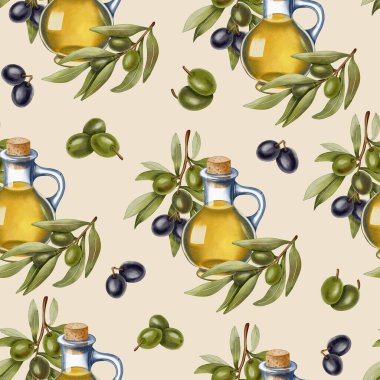 Elle çizilmiş dikişsiz zeytinyağı şişeleri, yeşil ve siyah zeytinler ve dallar. Zeytin dalları, yapraklar ve meyveler. Menü, ambalaj tasarımı, düğün için
