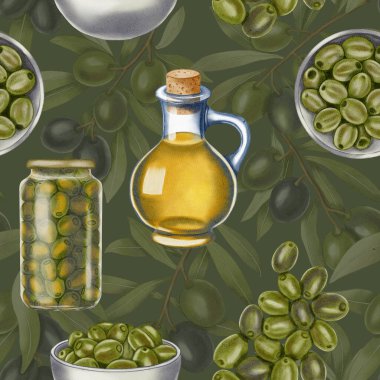 Elle çizilmiş dikişsiz zeytinyağı şişeleri, yeşil ve siyah zeytinler ve dallar. Zeytin dalları, yapraklar ve meyveler. Menü, ambalaj tasarımı, düğün için