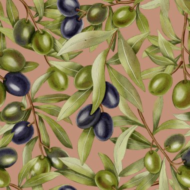 Elle boyanmış, dikişsiz, yeşil ve siyah zeytin dalları ve yapraklarıyla. Zeytin dalları, yapraklar ve meyveler. Menü, ambalaj tasarımı, düğün için