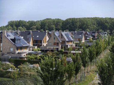 Modern eco-friendly housing with solar panels and abundant landscaping in sustainable community