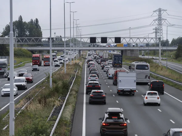 Dense highway traffic with multiple vehicles including trucks under overpass bridge