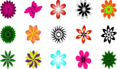 Çiçek Tasarımları, soyut çiçek ikonlarının canlı koleksiyonu, çeşitli stiller ve renkler. Grafik tasarımı, logolar, dijital sanat, tekstil modelleri için ideal, 