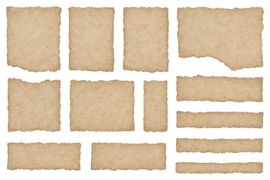 Şeffaf arkaplan üzerine eski yırtık parşömen kağıtları, yırtık kumaş kırıntıları kolajı