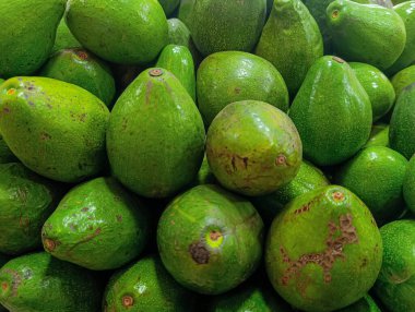 Canlı yeşil derili taze avokado yığınını gösteren yakın plan bir çekim. Meyve bolluğu, aşçılık ve sağlıkla ilgili projeler için sağlıklı ve doğal bir besin ortamı yaratıyor..