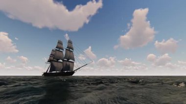 Korsan gemisi denizde seyrediyor.