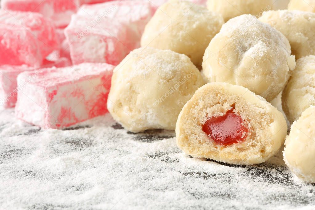 Homemade, delicious traditional bulgarian shortbread cookies filled with turkish delight called 