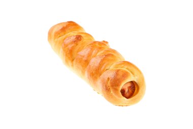 Krenvirshka, beyaz arka plan üzerinde izole adlı geleneksel Bulgar Mantı kahvaltı tabağı. Krenvirshka sosis (Krenvirsh Bulgar gibi küçük sosisli ile doldurulmuş küçük bir ekmektir) 