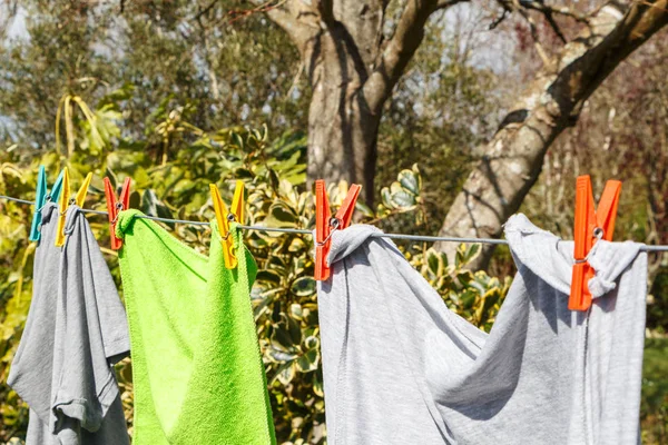 Linha Lavagem Jardim Com Camiseta Cinza Toalha Verde — Fotografia de Stock