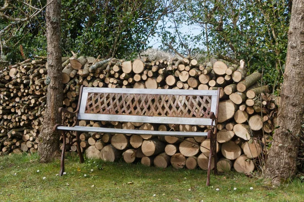 Holzhaufen und Bank im Garten — Stockfoto