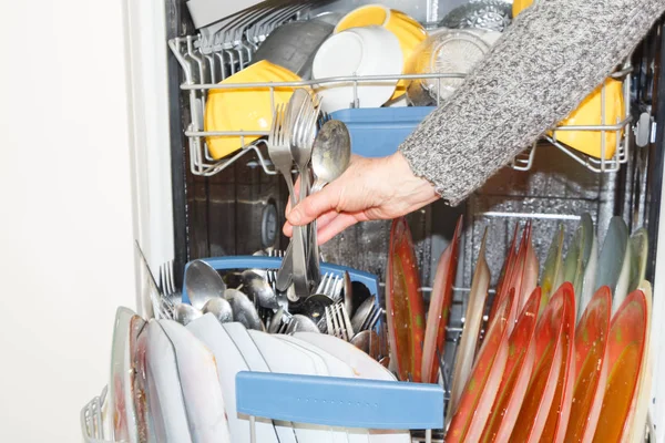 Bulaşık makinesine tabak koymak için — Stok fotoğraf