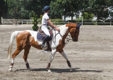 Yürüyüş temposunda at süren bir kadın