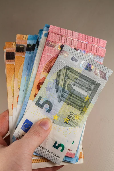 Hand Woman Holding Banknotes Five Ten Twenty Fifty Euros — Stock Photo, Image