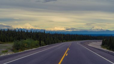 A long shot captures the serene solitude of Denali National Park and Preserve, Alaska, United States, with snow-capped mountains under a cloudy sky.