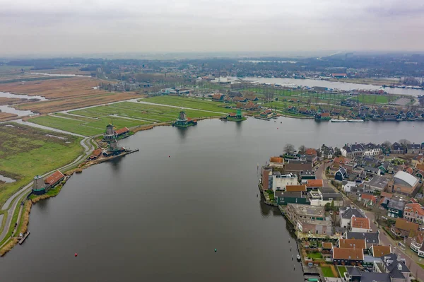 Традиционные Голландские Ветряные Мельницы Zaanse Schans Закате Амстердам Голландия — стоковое фото