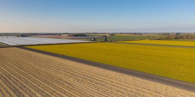 Zaanse Schans'a zamanında günbatımı, Amsterdam alan, yüksek noktadan itibaren görülen Holland, geleneksel Hollanda yel değirmenleri.
