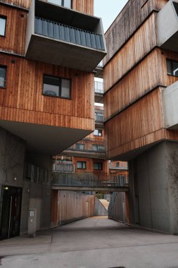 Gri gökyüzünün altında beton balkonları ve ahşap kaplamalı ön cepheleri gösteren modern bir Viyana apartman dairesi..